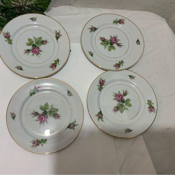 4 Vintage KYOTO 7512 ROSEVERTE 6 1/4” Dessert PLATES Roses CHINA Gold G16 - Picture 5 of 5